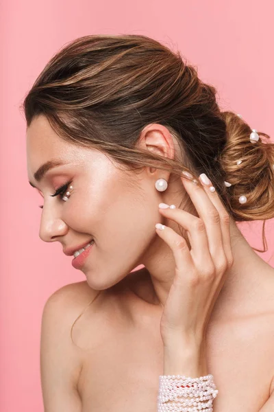 Beauty Portrait Attractive Young Topless Woman Posing Isolated Pink Background — Stock Photo, Image