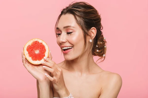 Beauty Portrait Attractive Healthy Young Topless Woman Posing Grapefruit Isolated — Stock Photo, Image