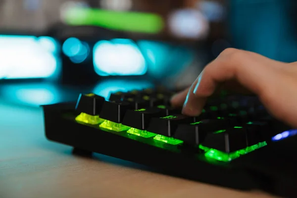 Close Woman Hand Typing Gamer Keyboard — Stock Photo, Image