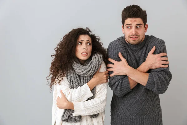 Foto Des Unzufriedenen Paares Mann Und Frau Mit Schals Zittern — Stockfoto