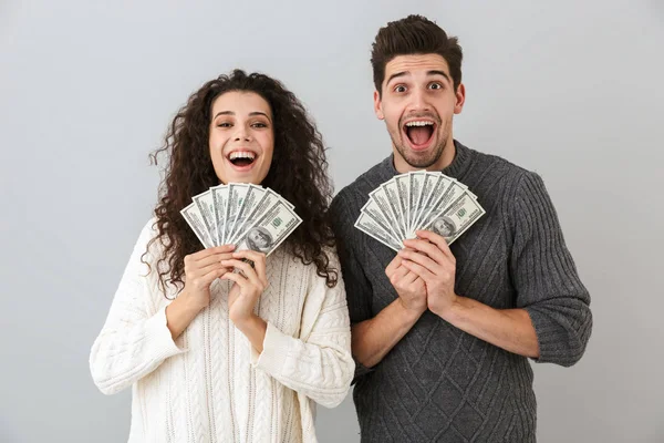 Imagen Hombre Mujer Feliz Sosteniendo Ventilador Dinero Dólar Aislado Sobre — Foto de Stock