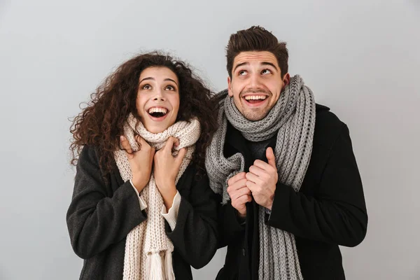 Fröhliches Junges Paar Pullovern Und Schals Das Isoliert Vor Grauem — Stockfoto