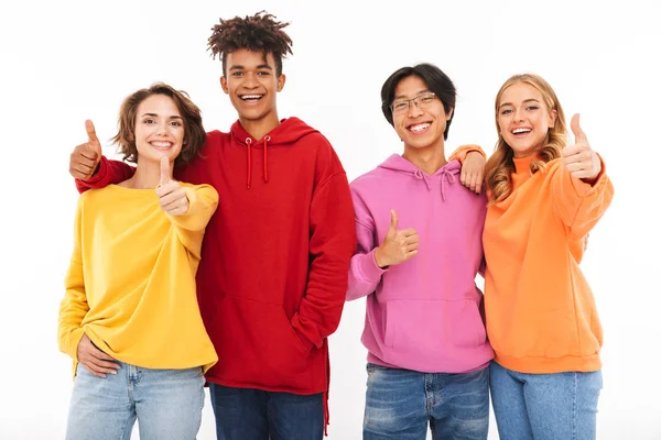 Group Cheerful Multiracial Friends Standing Isolated White Giving Thumbs — Stock Photo, Image