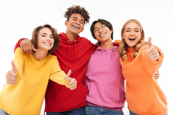 Group Cheerful Multiracial Friends Standing Isolated White Giving Thumbs — Stock Photo, Image
