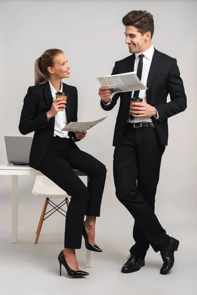 Full Length Portrait Happy Young Business Couple Wearing Suits Having — Stock Photo, Image