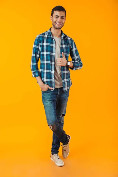 Full Length Portrait Happy Young Man Wearing Plaid Shirt Isolated — Stock Photo, Image