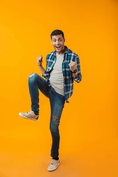 Retrato Completo Joven Feliz Con Camisa Cuadros Aislada Sobre Fondo —  Fotos de Stock