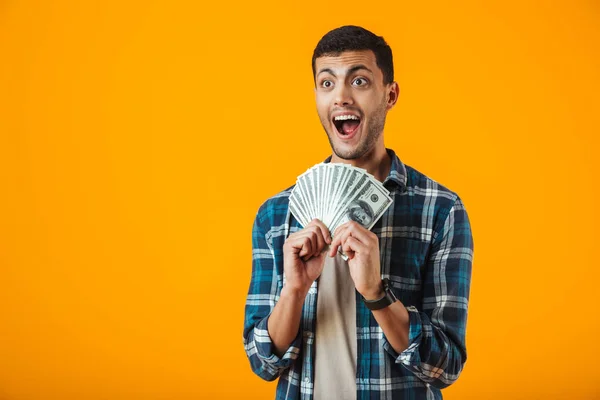 Joven Excitado Vistiendo Camisa Cuadros Pie Aislado Sobre Fondo Naranja —  Fotos de Stock