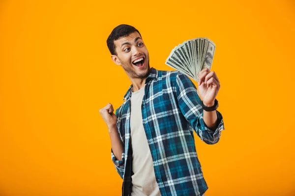 Excited Young Man Wearing Plaid Shirt Standing Isolated Orange Background — Stock Photo, Image