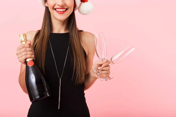Cropped Image Smiling Woman Wearing Christmas Hat Holding Bottle Champagne — Stock Photo, Image