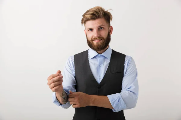 Image Handsome Young Bearded Man Standing Isolated White Wall Background — Stock Photo, Image