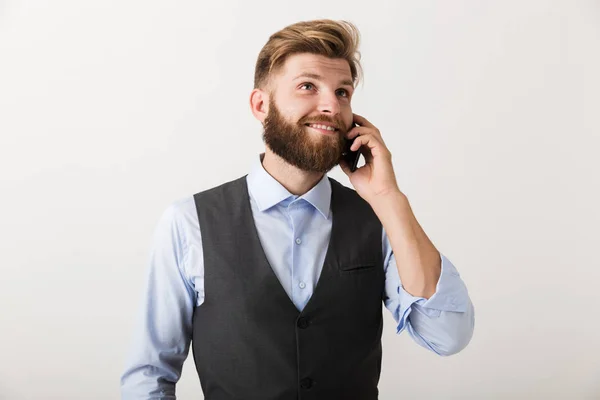 Picture Handsome Young Bearded Man Standing Isolated White Wall Background — Stock Photo, Image