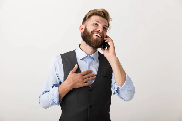 Imagen Guapo Joven Barbudo Pie Aislado Sobre Fondo Pared Blanca — Foto de Stock