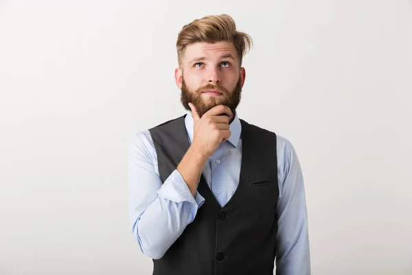Image Handsome Thinking Young Bearded Man Standing Isolated White Wall — Stock Photo, Image