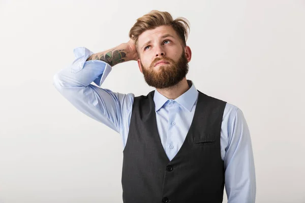 Image Handsome Thinking Young Bearded Man Standing Isolated White Wall — Stock Photo, Image