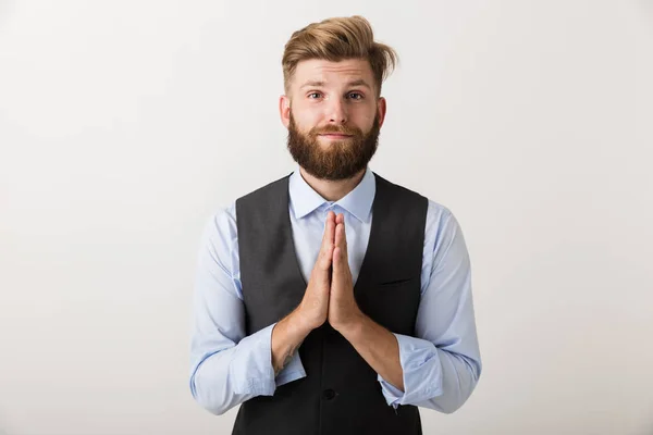 Imagen Hombre Barbudo Joven Guapo Pie Aislado Sobre Fondo Blanco — Foto de Stock