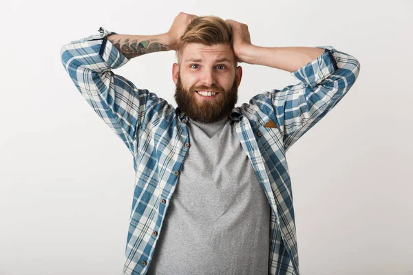 Gelukkig Bebaarde Man Gekleed Plaid Shirt Permanent Geïsoleerde Witte Achtergrond — Stockfoto