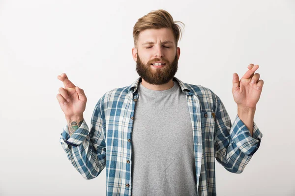 Homem Barbudo Preocupado Vestido Com Camisa Xadrez Isolado Sobre Fundo — Fotografia de Stock