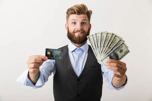 Confident Young Business Man Standing Isolated White Background Showing Money — Stock Photo, Image