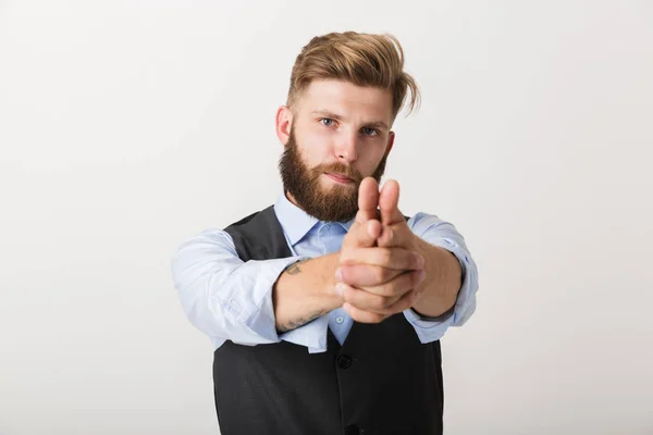 Confident Young Business Man Standing Isolated White Background Pointing Copy — Stock Photo, Image