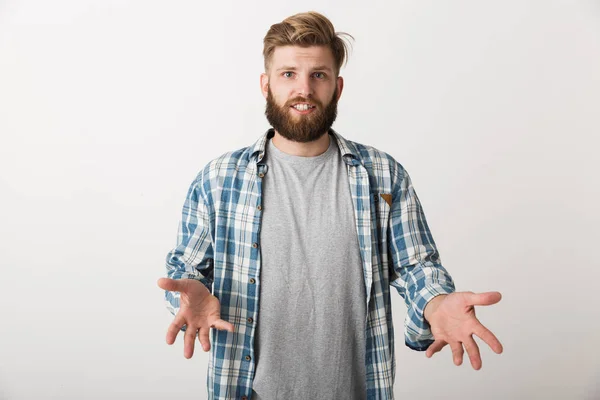 Confuso Giovane Uomo Vestito Camicia Quadri Piedi Isolato Sfondo Bianco — Foto Stock