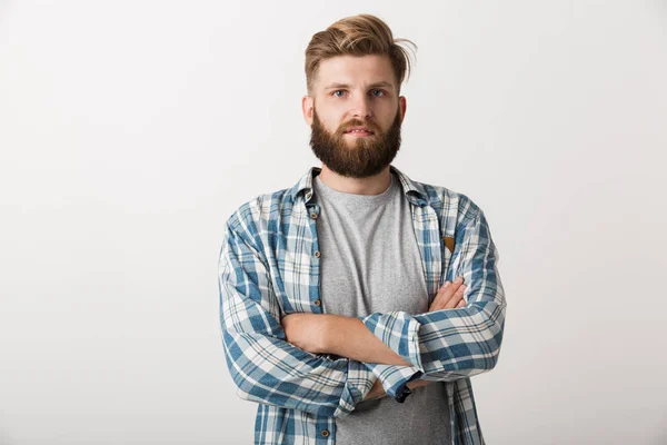 Verwirrter Junger Mann Kariertem Hemd Steht Isoliert Vor Weißem Hintergrund — Stockfoto