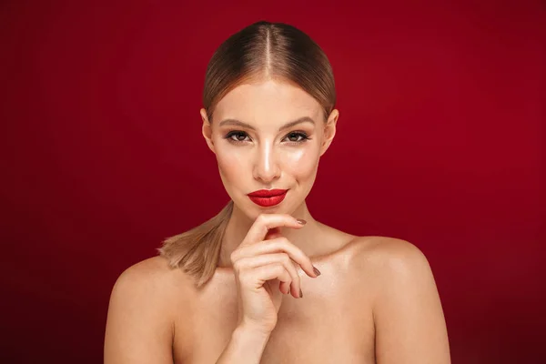 Beauty Portrait Attractive Blonde Haired Topless Woman Standing Isolated Red — Stock Photo, Image