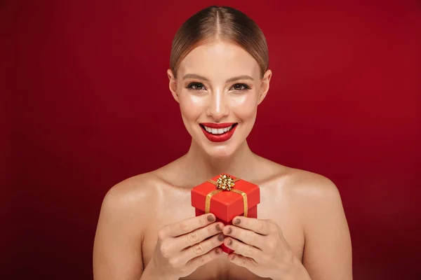 Beauty Portrait Pretty Young Topless Woman Wearing Makeup Isolated Red — Stock Photo, Image