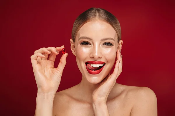 Beauty Portrait Pretty Young Topless Woman Standing Isolated Red Background — Stock Photo, Image