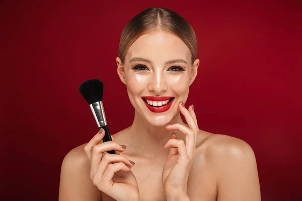 Beauty Portrait Pretty Young Topless Woman Wearing Makeup Isolated Red — Stock Photo, Image