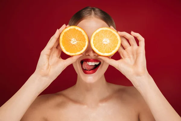 Beauty Portrait Pretty Young Topless Woman Wearing Makeup Isolated Red — Stock Photo, Image