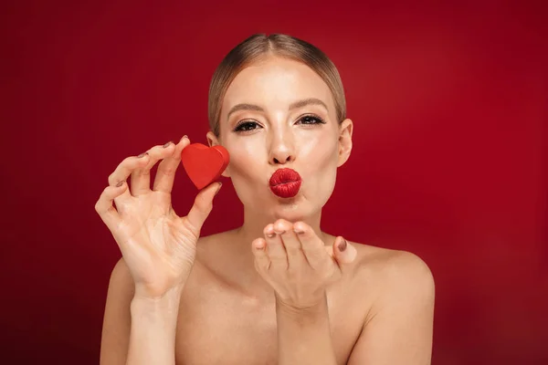 Beauty Portrait Attractive Blonde Haired Topless Woman Standing Isolated Red — Stock Photo, Image