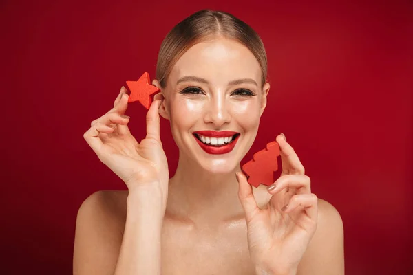 Beauty Portrait Pretty Young Topless Woman Standing Isolated Red Background — Stock Photo, Image