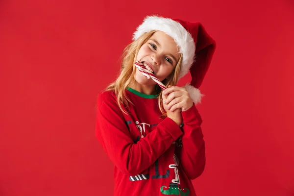 Noel Candy Koni Şeker Yemek Izole Kırmızı Arka Plan Üzerinde — Stok fotoğraf