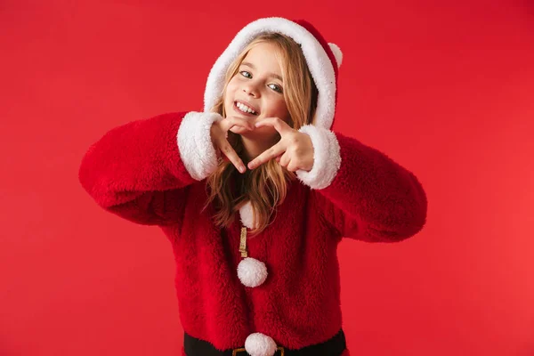 Zole Kırmızı Arka Plan Üzerinde Duran Noel Kostümü Giyen Neşeli — Stok fotoğraf