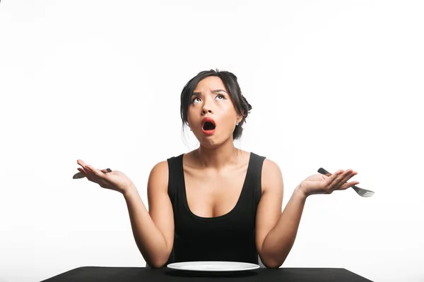 Shocked Asian Woman Sitting Table Empty Plate Isolated White Background Stock Photo