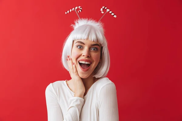 Image Shocked Excited Young Woman Wearing Christmas Carnival Costume Red — Stock Photo, Image