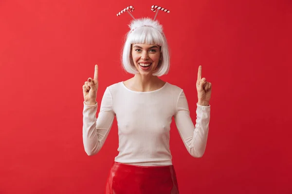 Image Happy Young Woman Wearing Christmas Carnival Costume Red Wall — Stock Photo, Image