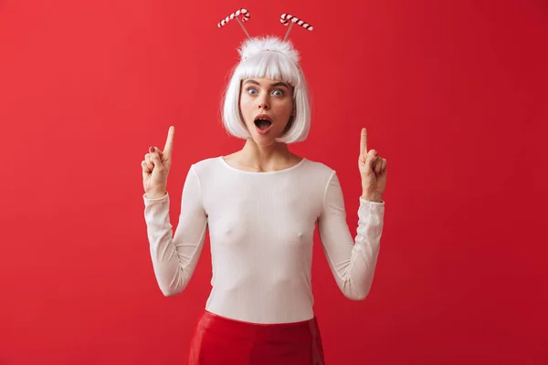 Image Shocked Excited Young Woman Wearing Christmas Carnival Costume Red — Stock Photo, Image