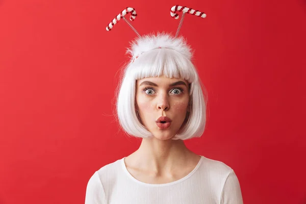 Image Shocked Excited Young Woman Wearing Christmas Carnival Costume Red — Stock Photo, Image