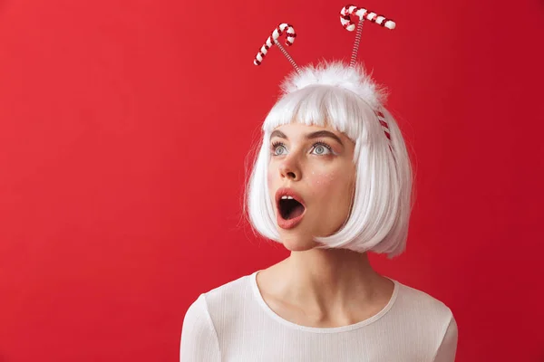 Image Shocked Excited Young Woman Wearing Christmas Carnival Costume Red — Stock Photo, Image