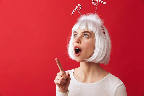 Image Shocked Excited Young Woman Wearing Christmas Carnival Costume Red — Stock Photo, Image