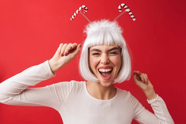 Image Une Jeune Femme Heureuse Vêtue Costume Noël Carnaval Posant — Photo