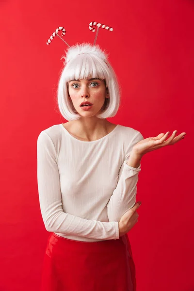 Image Displeased Confused Young Woman Dressed Carnival Christmas Costume Posing — Stock Photo, Image