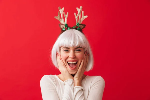 Bild Einer Jungen Glücklichen Frau Karneval Weihnachtskostüm Gekleidet Posiert Isoliert — Stockfoto