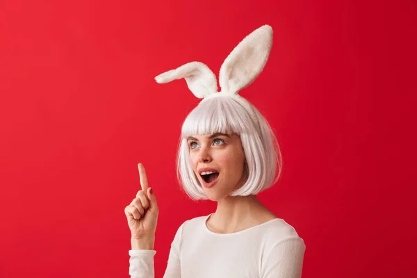 Afbeelding Van Een Enthousiast Jong Geschokt Vrouw Gekleed Carnaval Kerstmis — Stockfoto