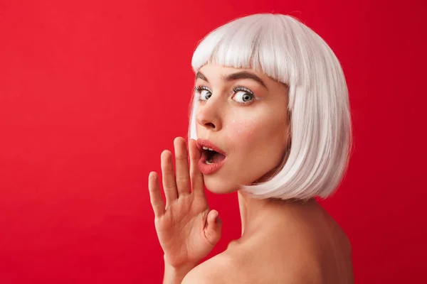 Image Excited Young Shocked Woman Dressed Carnival Wig Posing Isolated — Stock Photo, Image