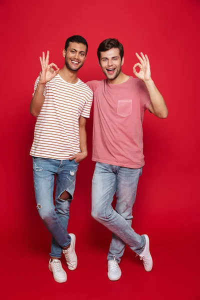 Δύο Χαρούμενα Άνδρες Φίλους Στέκεται Απομονωθεί Κόκκινο Φόντο Δείχνουν Εντάξει — Φωτογραφία Αρχείου