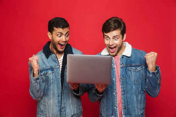 Двоє Веселих Друзів Стоять Ізольовані Червоному Тлі Тримаючи Ноутбук Святкуючи — стокове фото