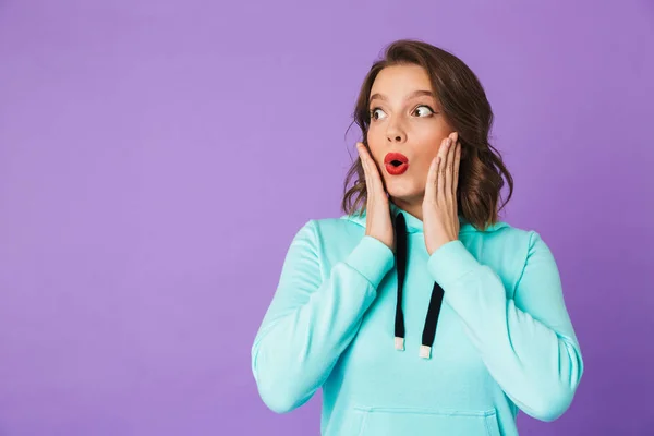 Image Shocked Emotional Young Woman Posing Isolated Purple Background Wall — Stock Photo, Image